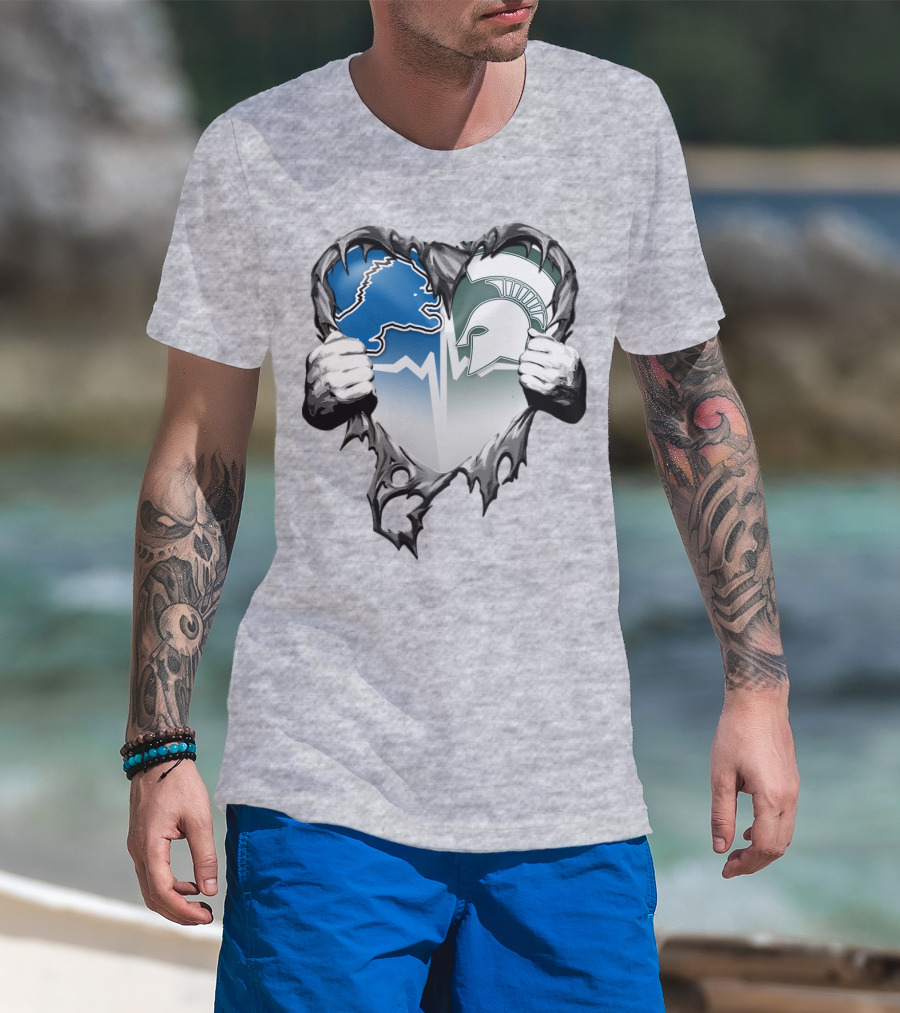 Detroit Lions And Michigan State Spartans Heart Logo Collaboration T-Shirt
