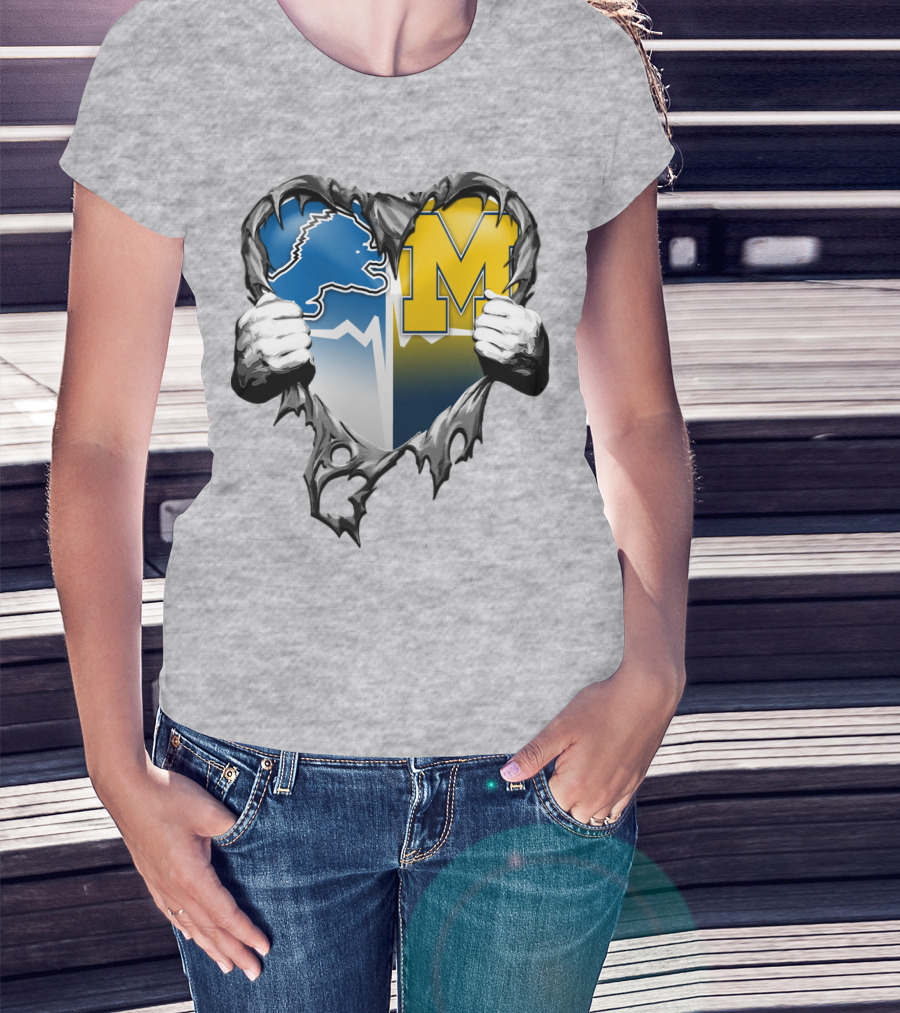 Detroit Lions And Michigan Wolverines Split Heart T-Shirt