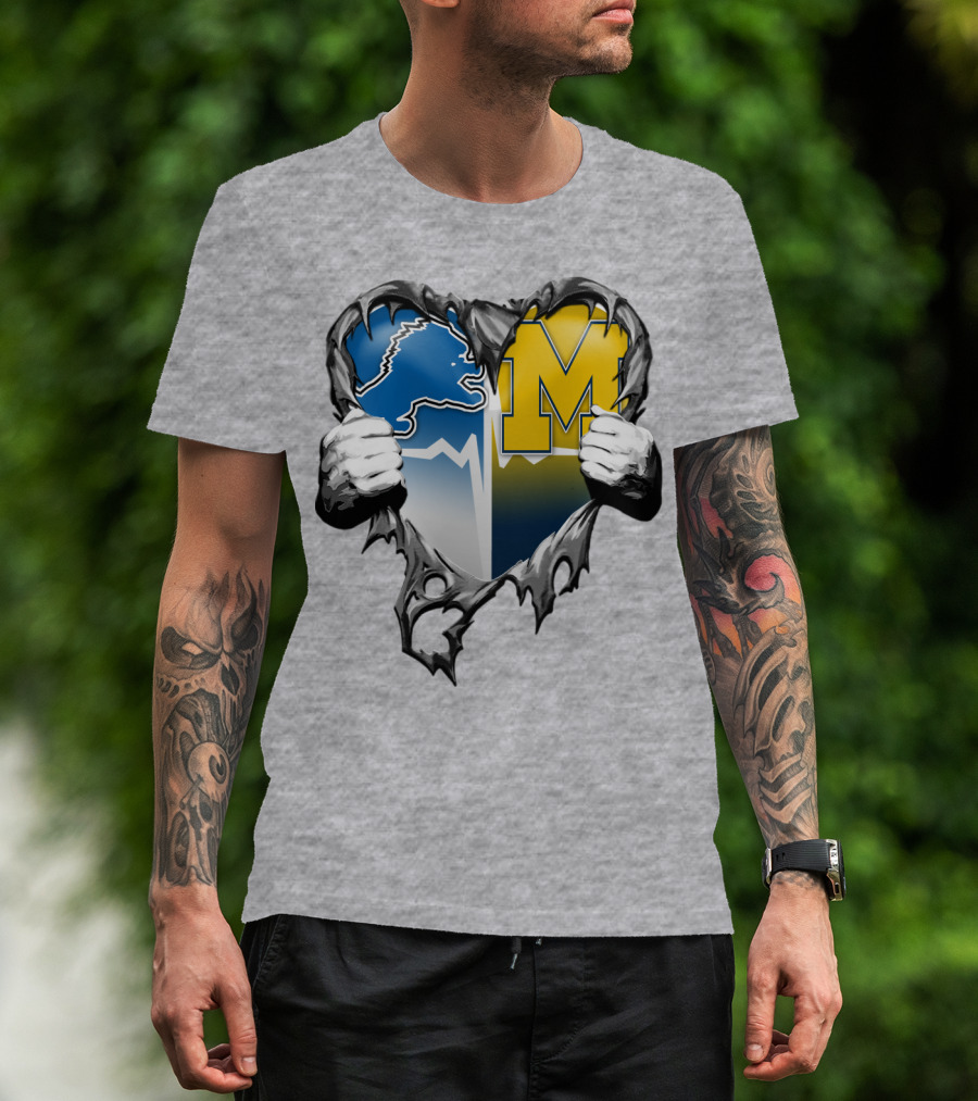Detroit Lions And Michigan Wolverines Split Heart T-Shirt