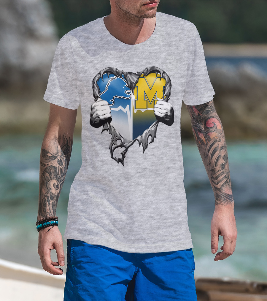 Detroit Lions And Michigan Wolverines Split Heart T-Shirt
