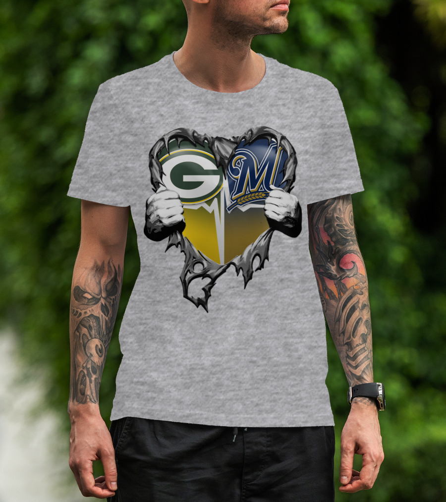 Green Bay Packers Milwaukee Brewers Heart Tear T-Shirt