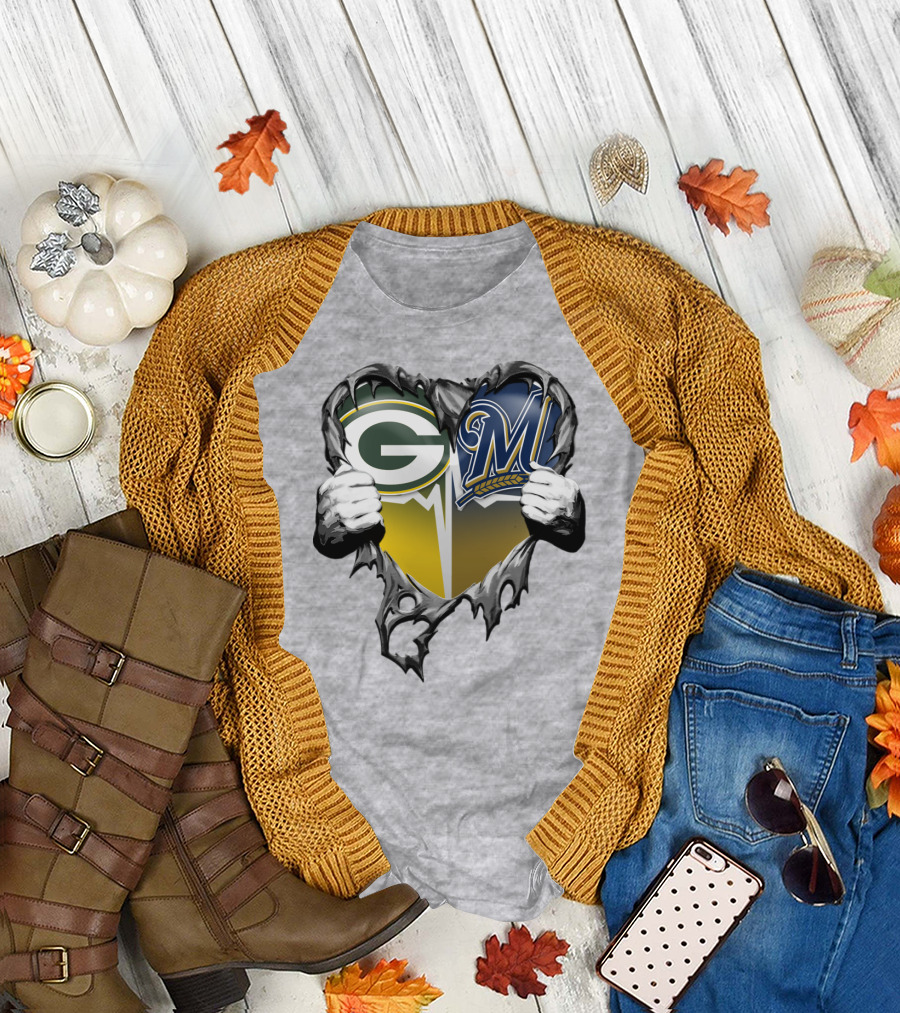 Green Bay Packers Milwaukee Brewers Heart Tear T-Shirt