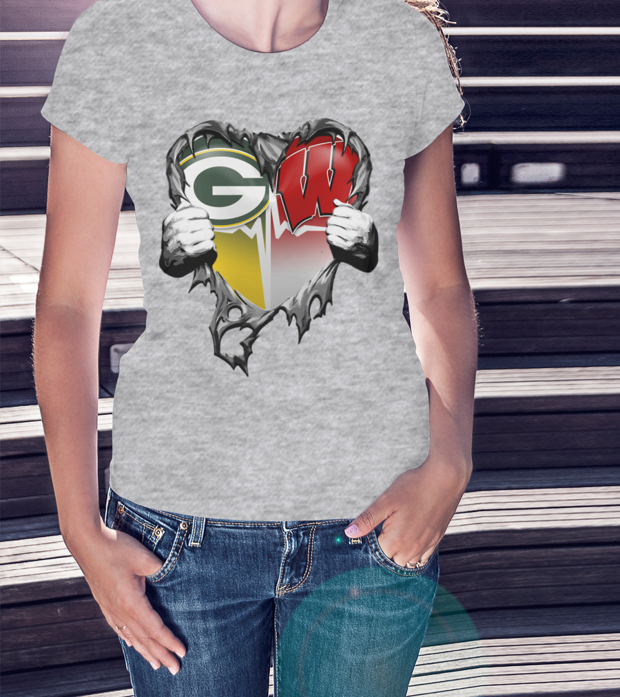 Green Bay Packers And Wisconsin Badgers Rip Heart T-Shirt