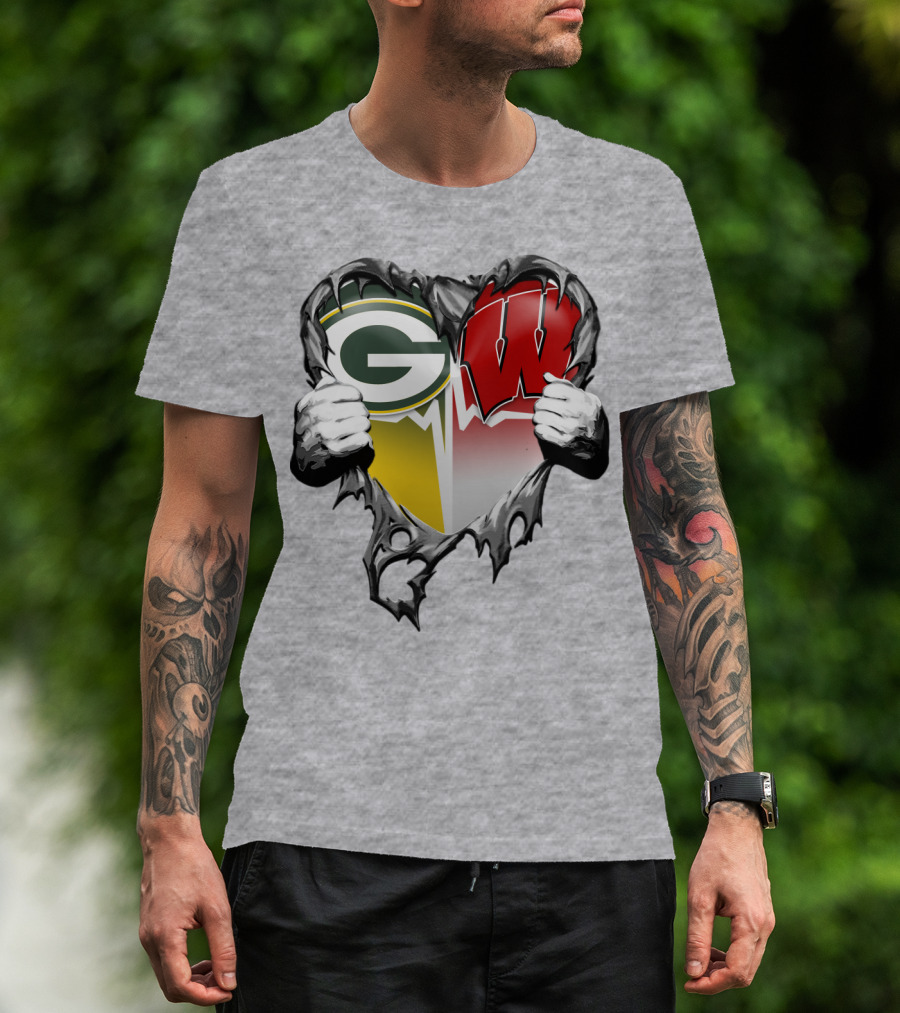 Green Bay Packers And Wisconsin Badgers Rip Heart T-Shirt