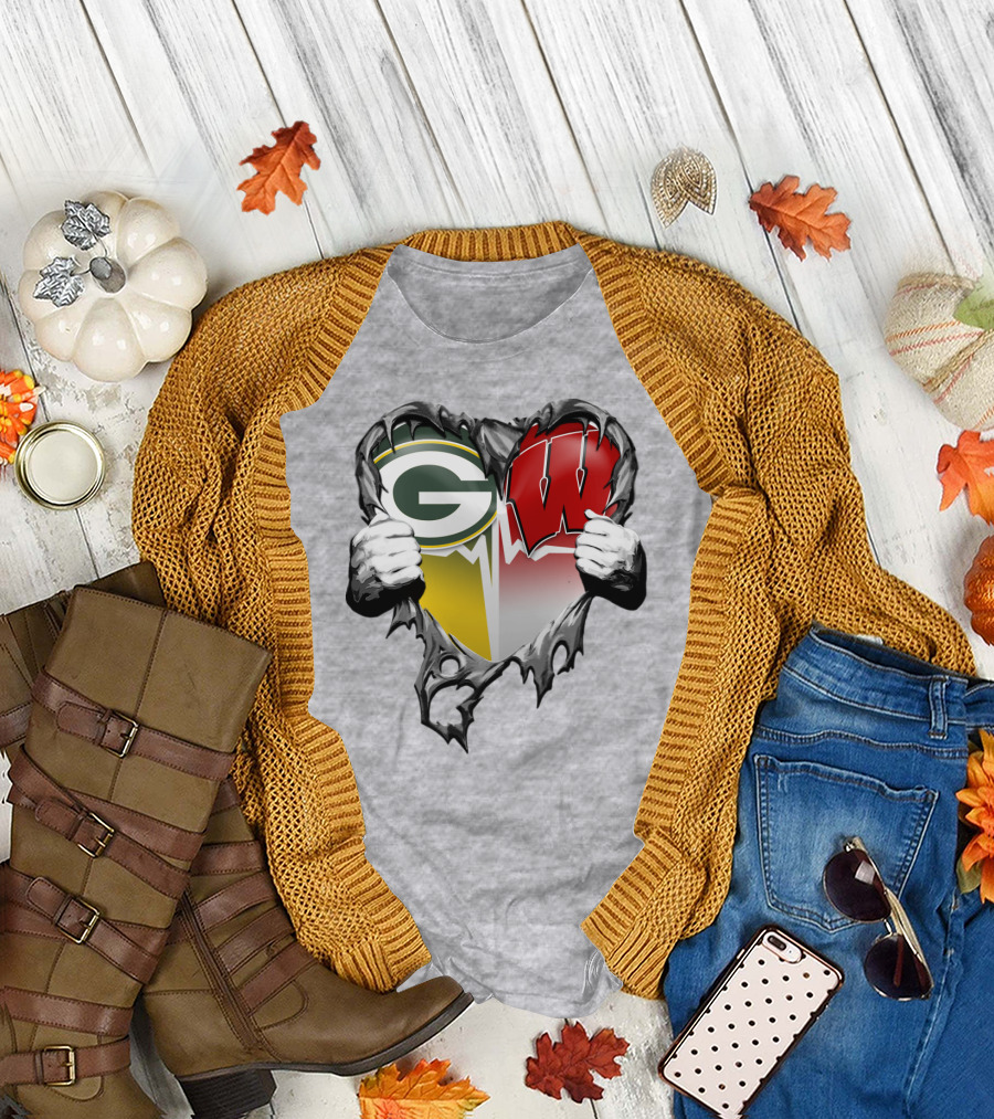 Green Bay Packers And Wisconsin Badgers Rip Heart T-Shirt