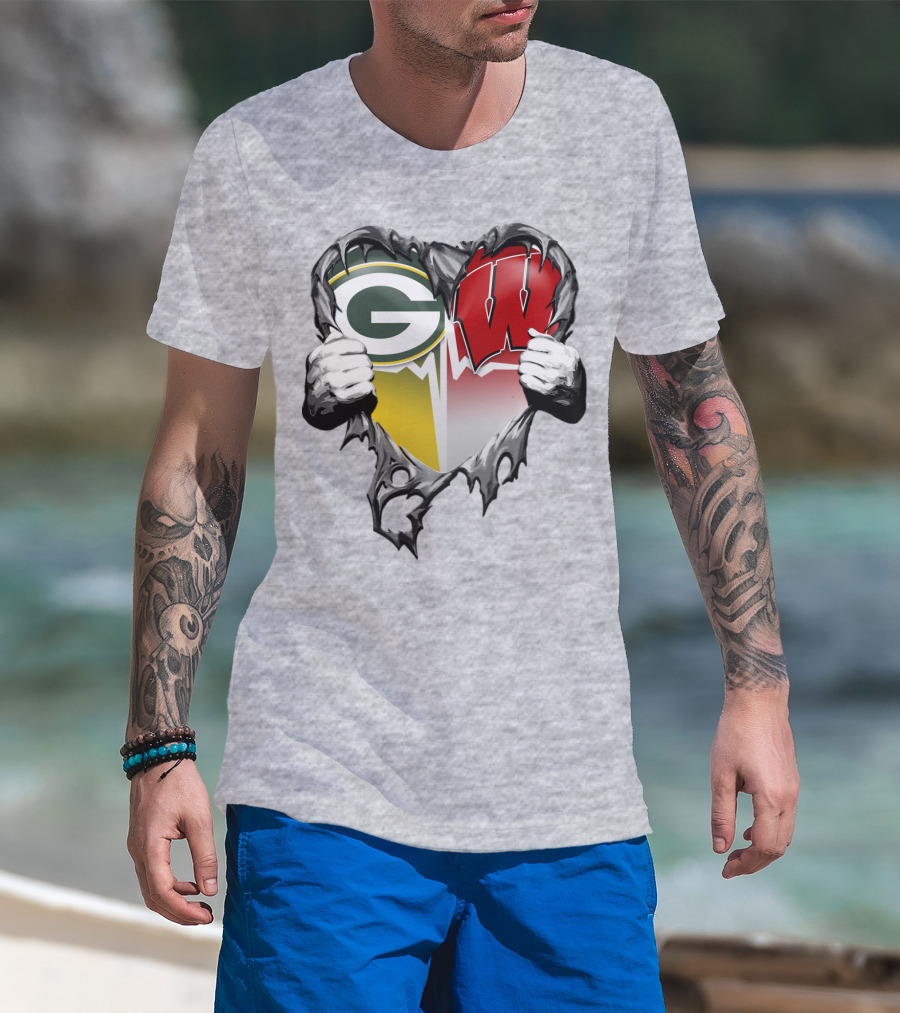Green Bay Packers And Wisconsin Badgers Rip Heart T-Shirt