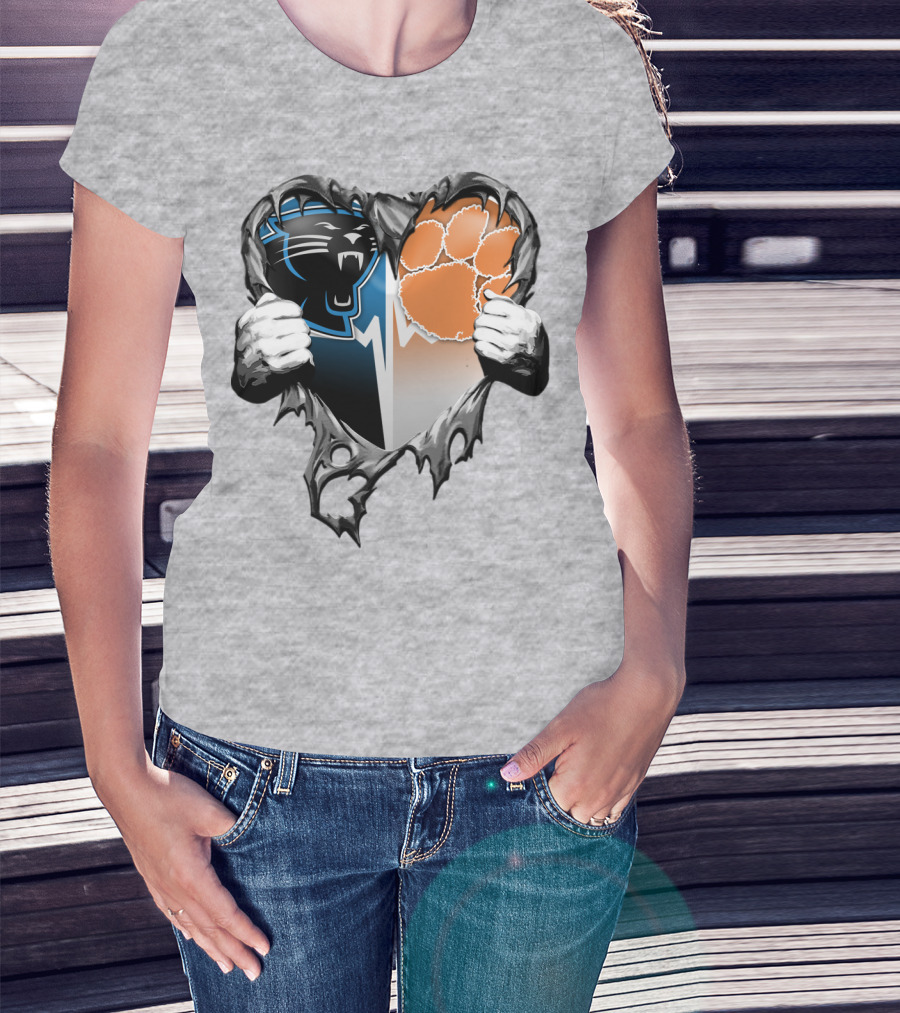 Carolina Panthers Clemson Tigers Heart Ripped T-Shirt