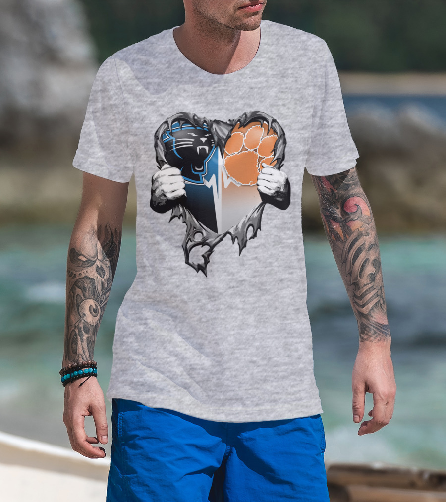 Carolina Panthers Clemson Tigers Heart Ripped T-Shirt