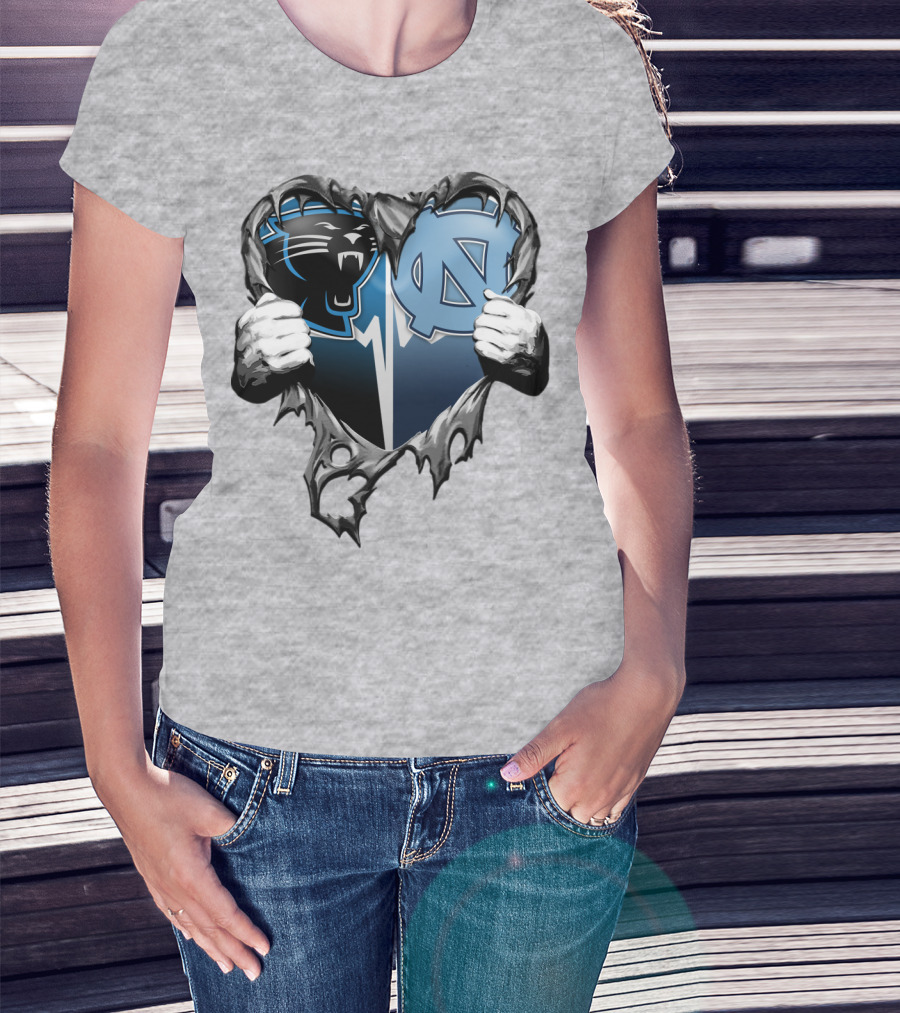Carolina Panthers Unc Tar Heels Heart Ripped T-Shirt