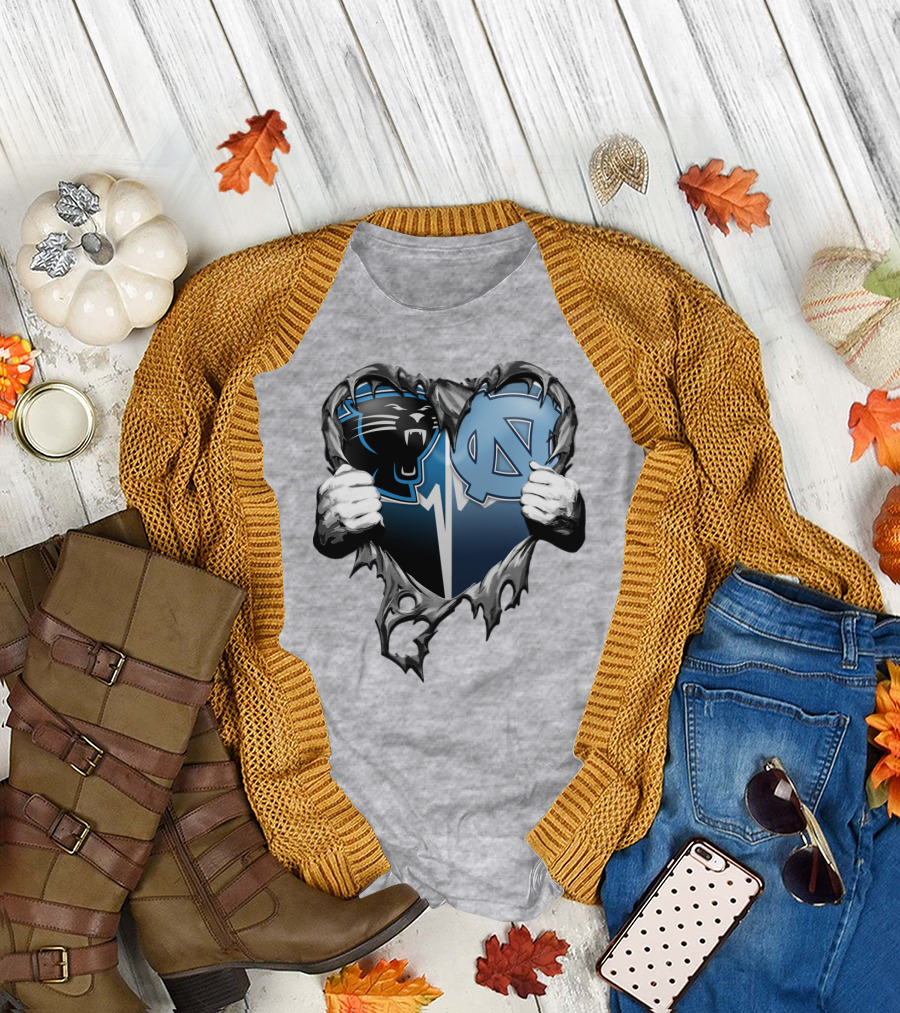Carolina Panthers Unc Tar Heels Heart Ripped T-Shirt
