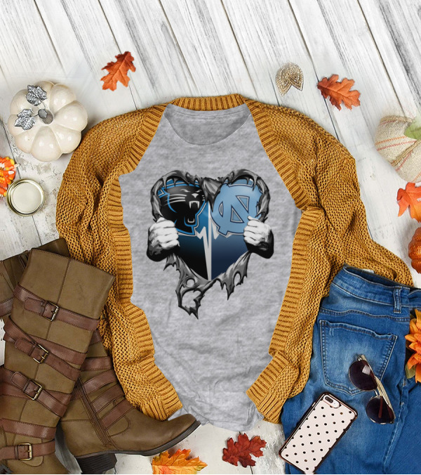 Carolina Panthers Unc Tar Heels Heart Ripped T-Shirt