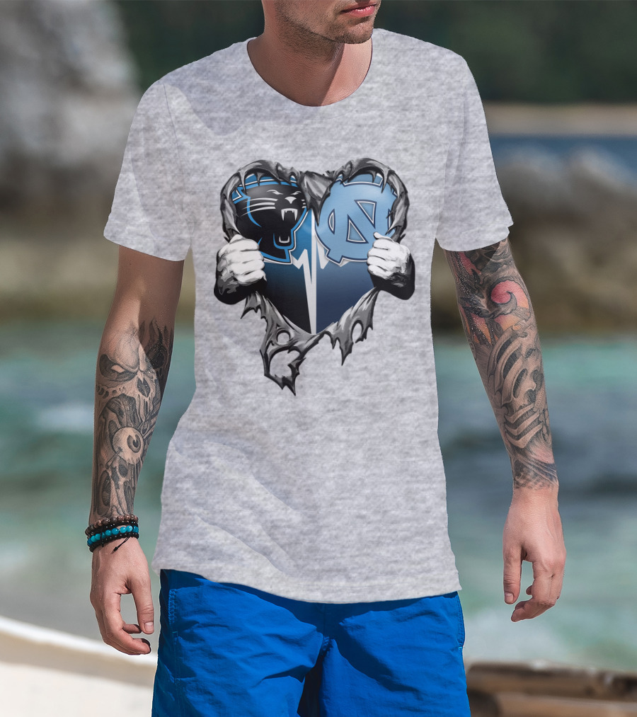 Carolina Panthers Unc Tar Heels Heart Ripped T-Shirt