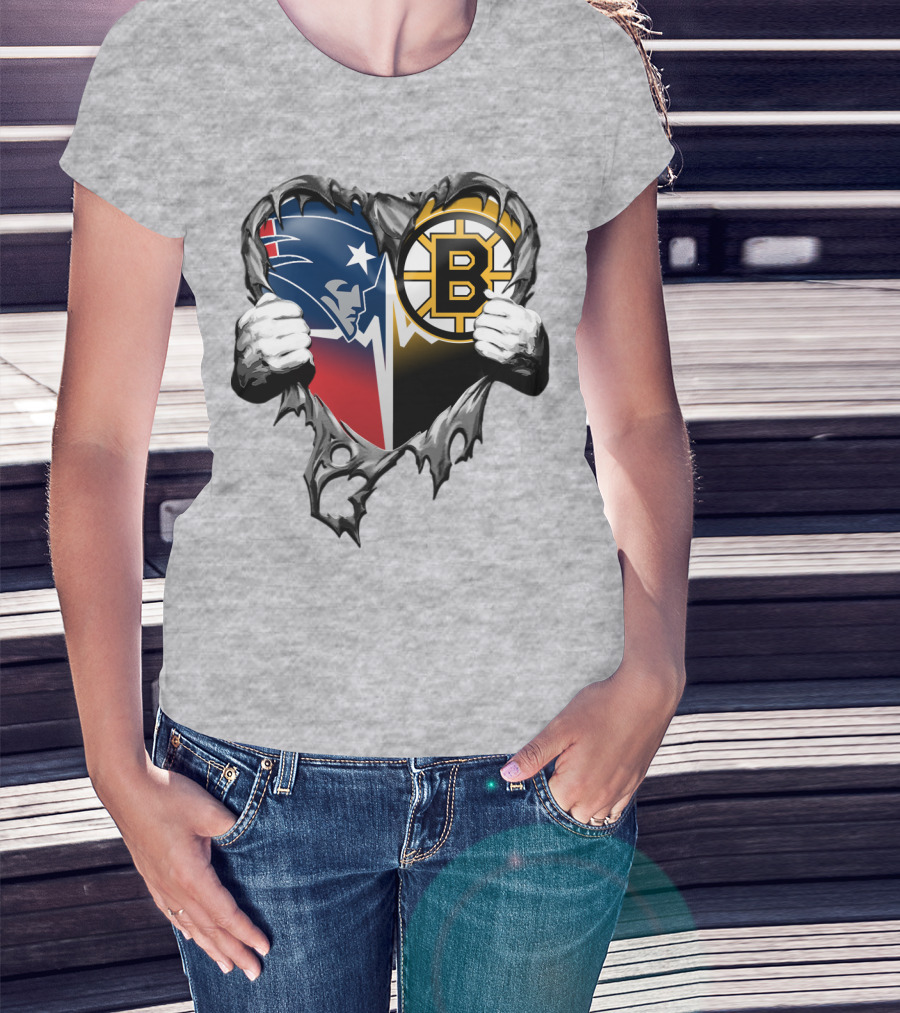 Patriots Bruins Torn Heart Logo Fusion T-Shirt