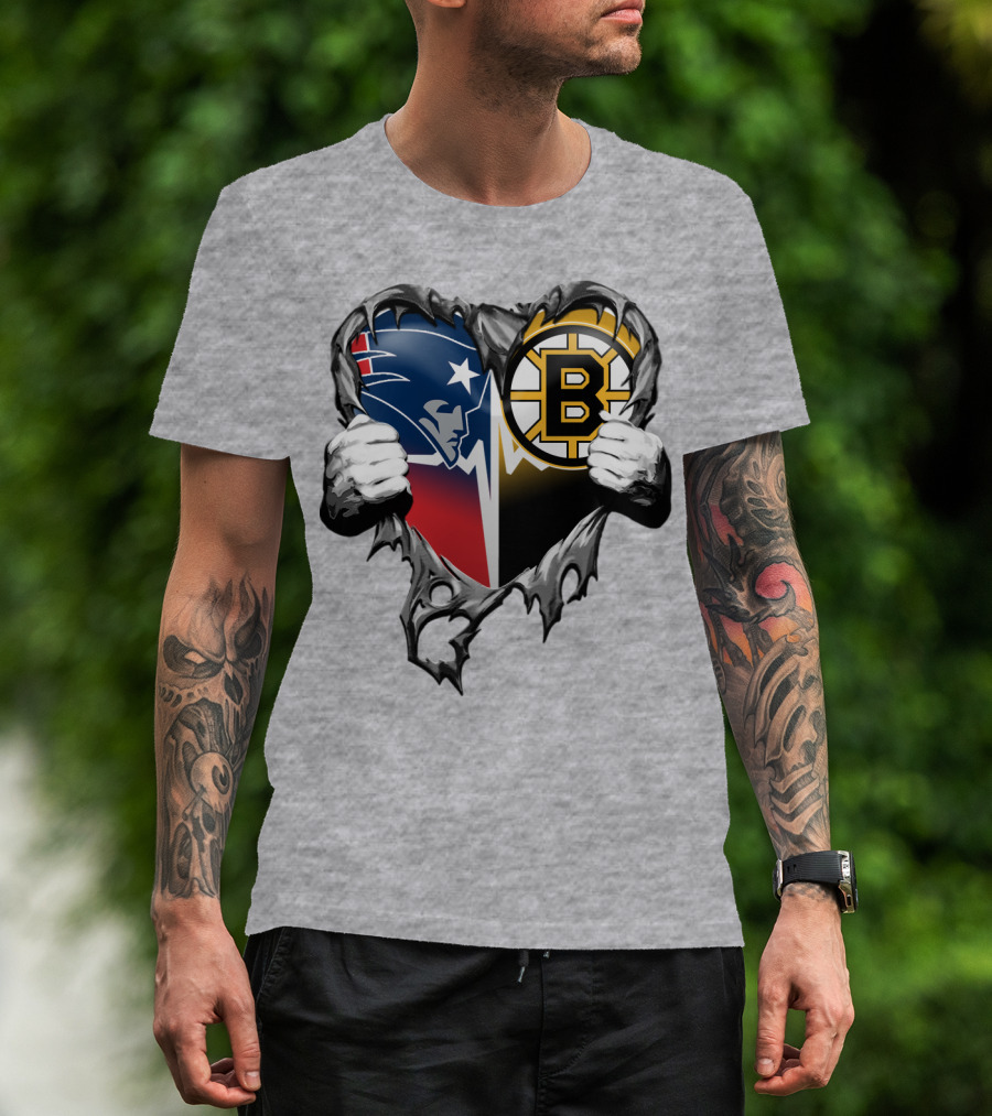 Patriots Bruins Torn Heart Logo Fusion T-Shirt