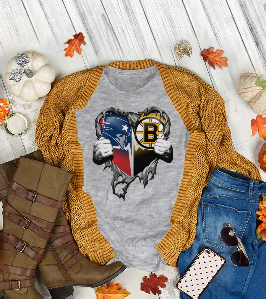 Patriots Bruins Torn Heart Logo Fusion T-Shirt