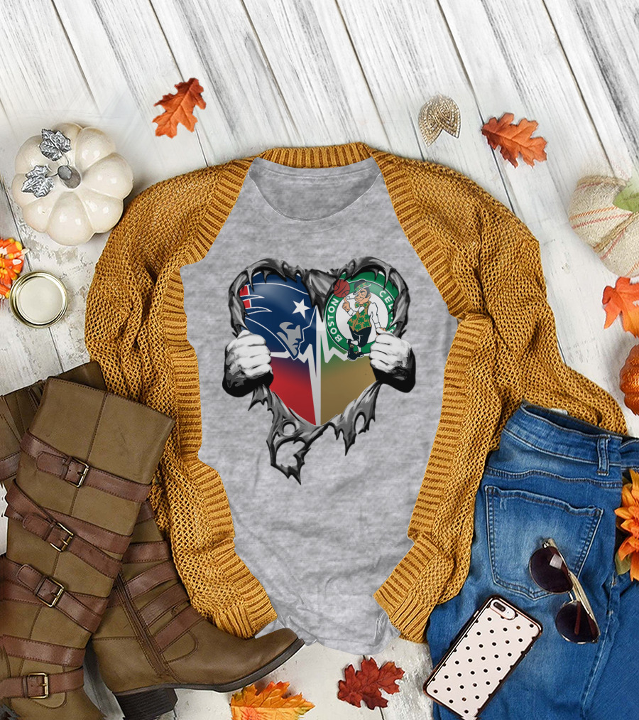 Patriots Celtics Heart Logos T-Shirt