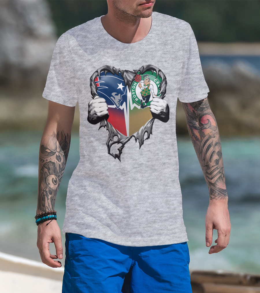 Patriots Celtics Heart Logos T-Shirt