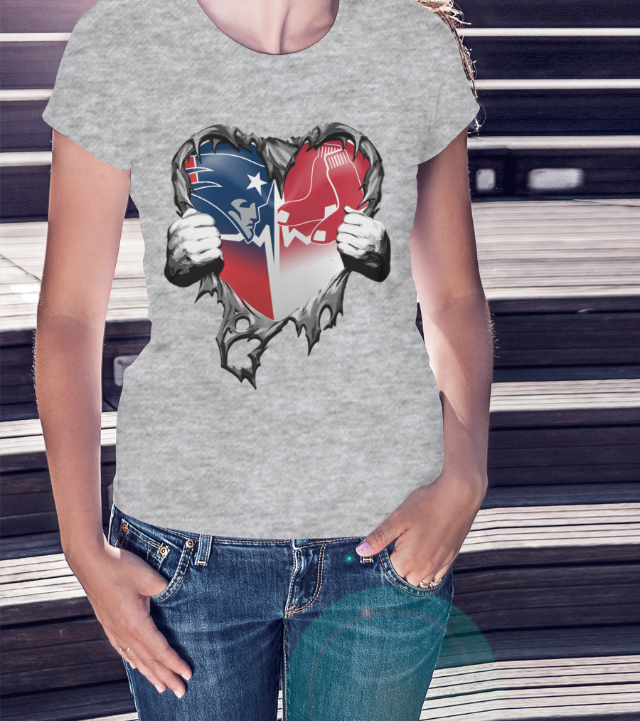 Patriots And Red Sox Heart Design With Torn Metal Effect T-Shirt