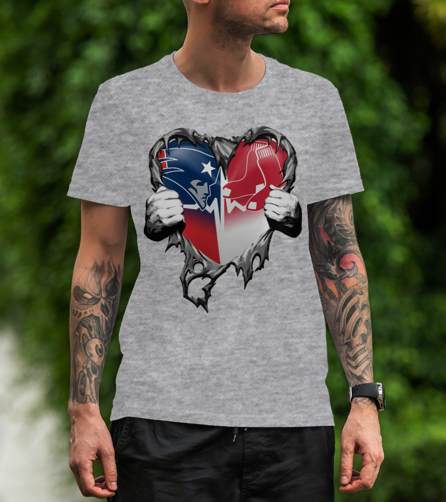 Patriots And Red Sox Heart Design With Torn Metal Effect T-Shirt