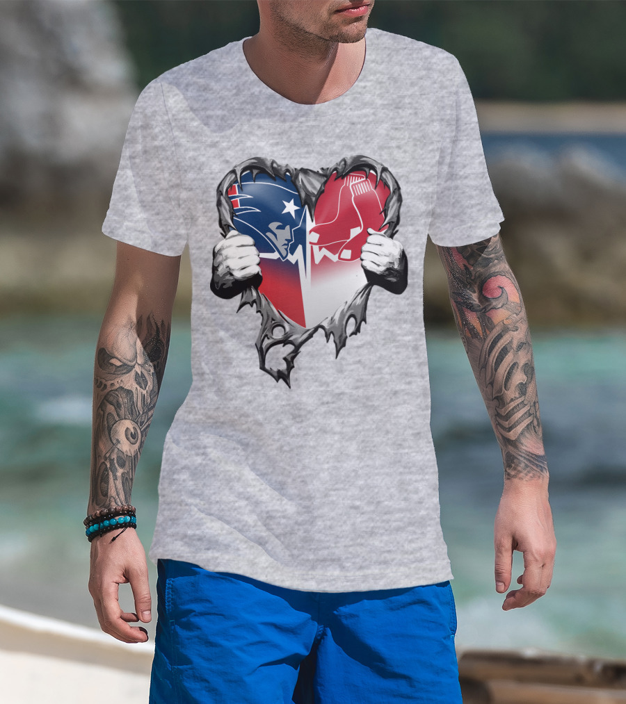 Patriots And Red Sox Heart Design With Torn Metal Effect T-Shirt