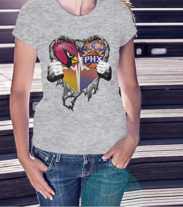 Arizona Cardinals And Phoenix Suns Heart Symbol With Torn Metal Effect T-Shirt