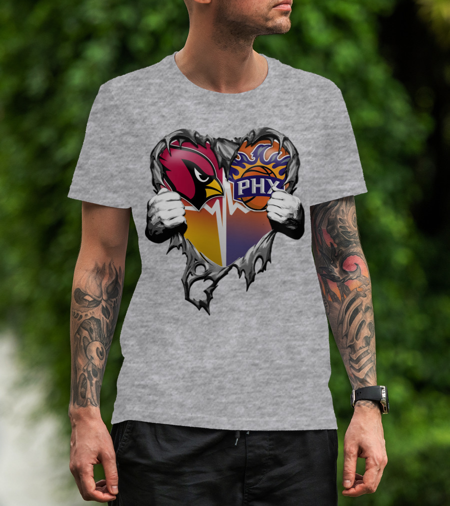 Arizona Cardinals And Phoenix Suns Heart Symbol With Torn Metal Effect T-Shirt