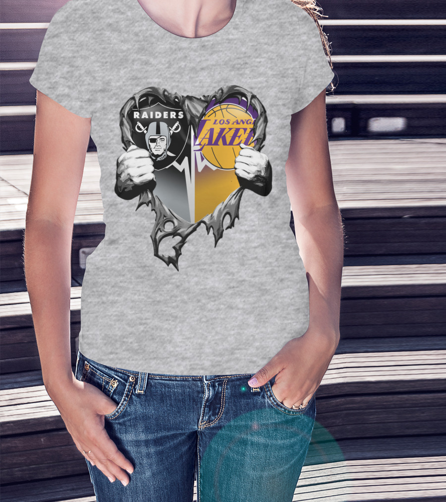 Raiders Los Angeles Lakers Heart Logo Tear T-Shirt