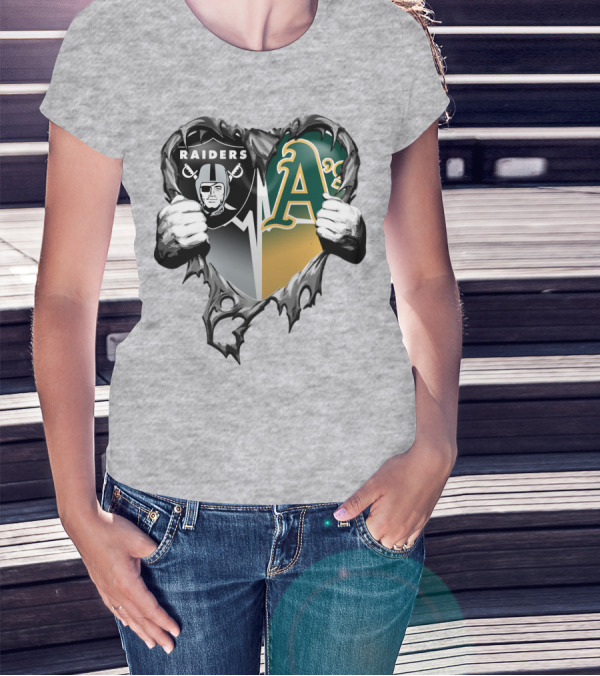 Raiders A's Heart Torn Football And Baseball Fans T-Shirt