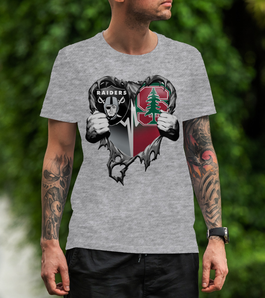 Raiders Stanford Cardinal Heart Football Fusion T-Shirt