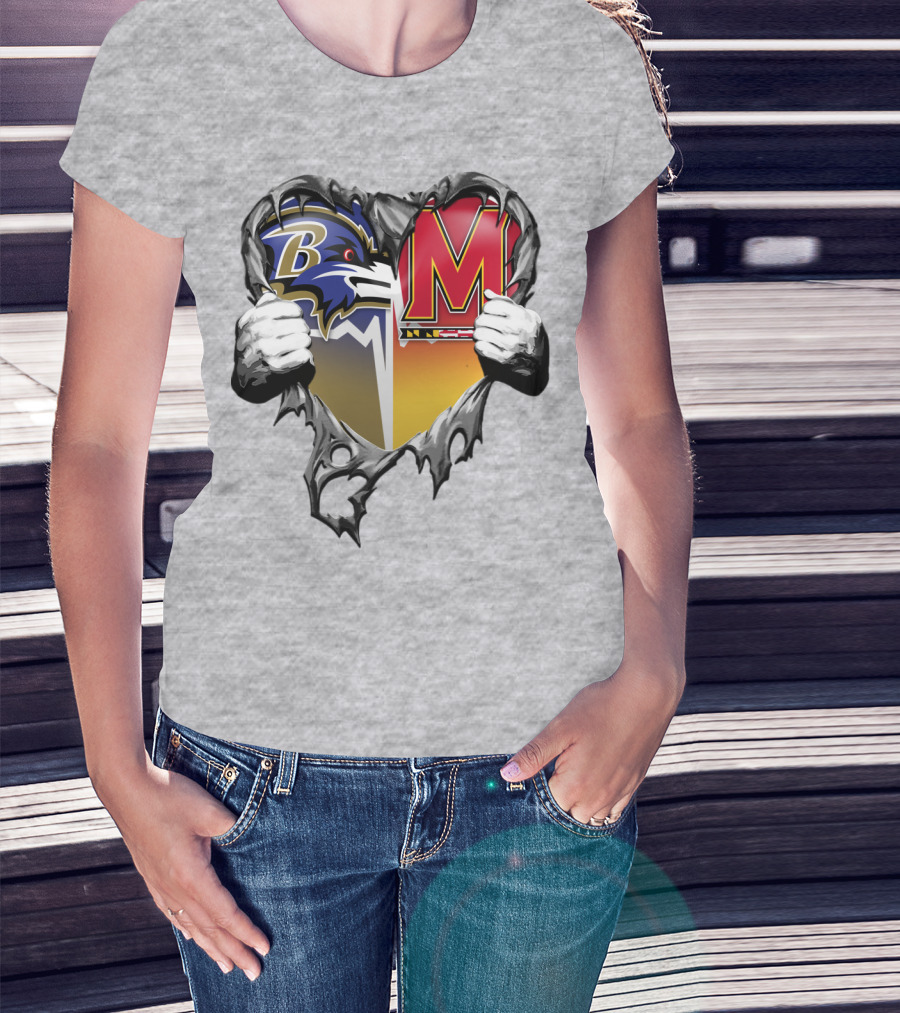 Baltimore Ravens Maryland Terrapins Heart Rip Football Fan T-Shirt