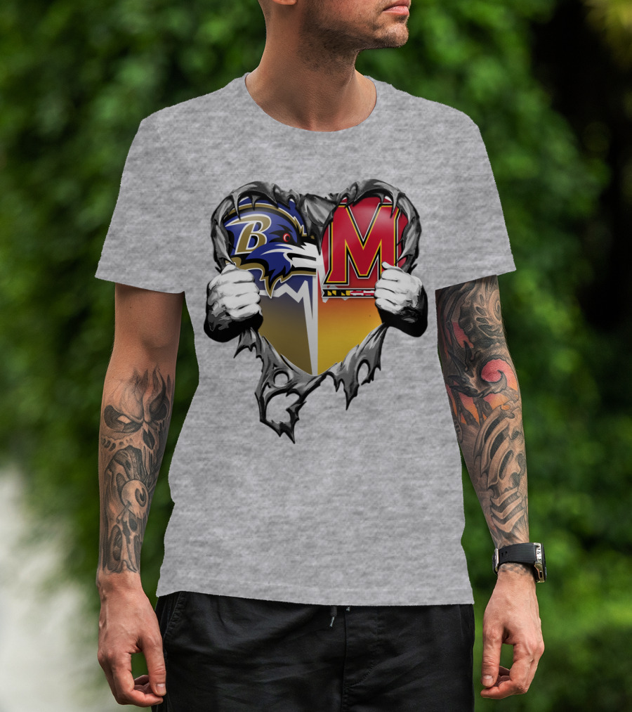 Baltimore Ravens Maryland Terrapins Heart Rip Football Fan T-Shirt