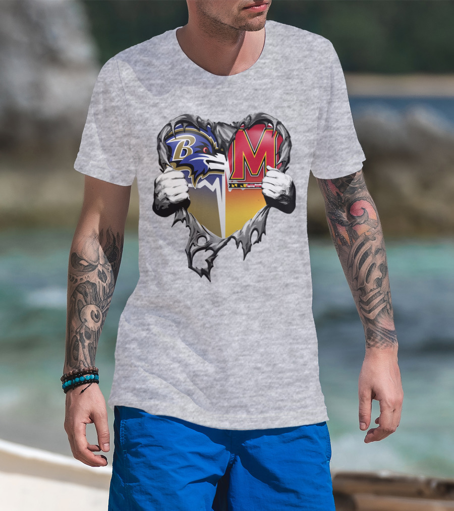 Baltimore Ravens Maryland Terrapins Heart Rip Football Fan T-Shirt