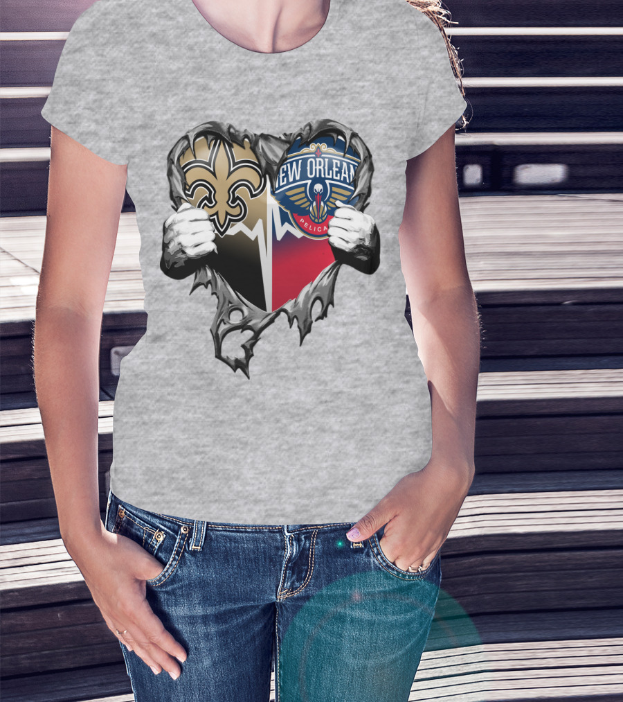 New Orleans Saints Pelicans Heart Tear T-Shirt