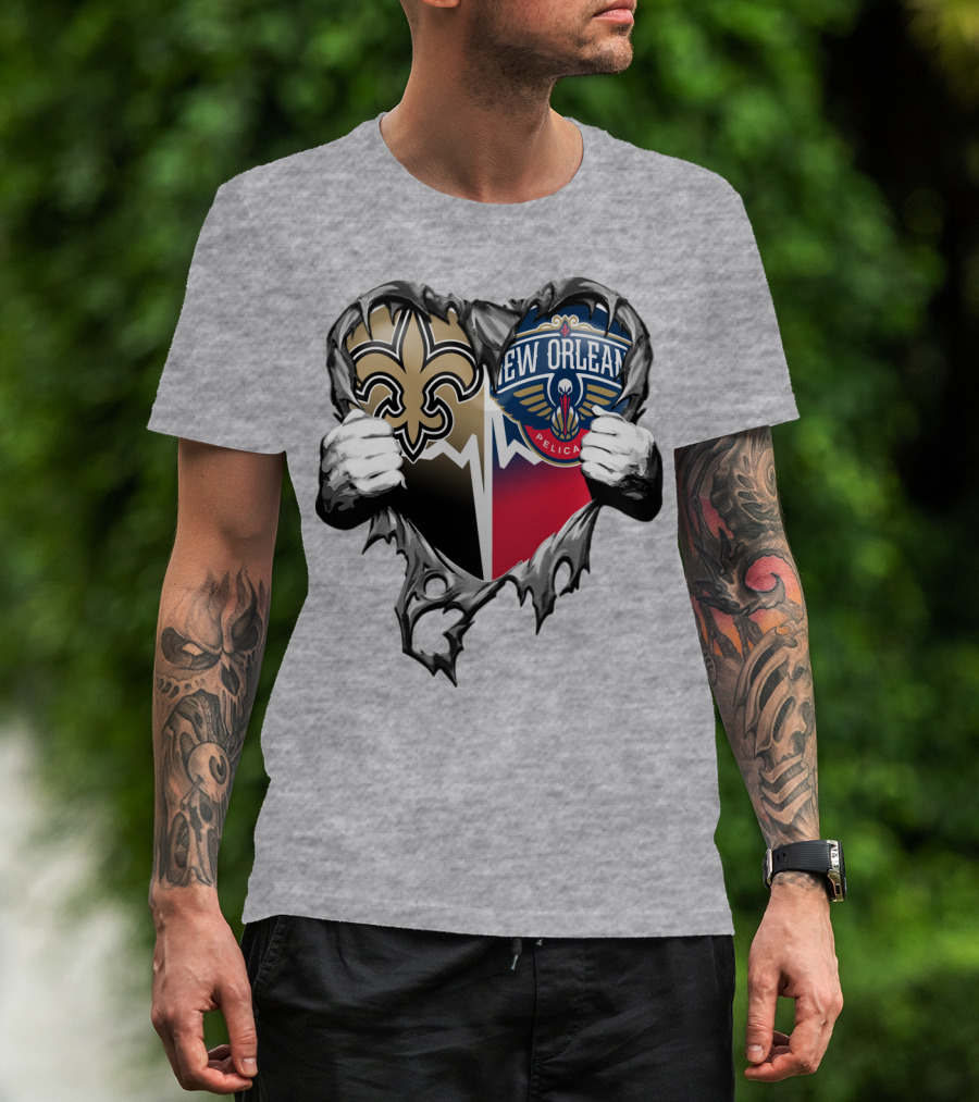 New Orleans Saints Pelicans Heart Tear T-Shirt