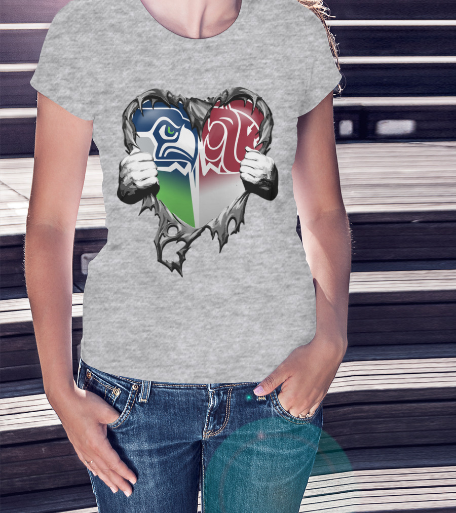Seattle Seahawks And Washington State Cougars Split Heart T-Shirt