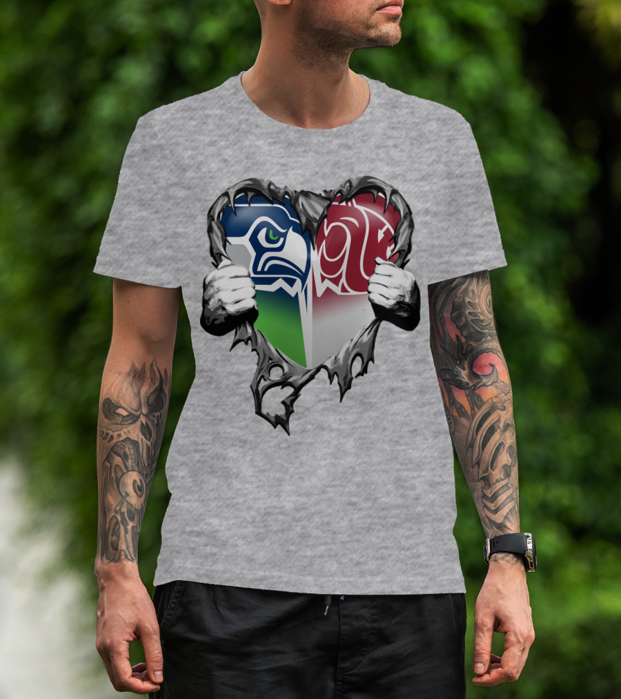 Seattle Seahawks And Washington State Cougars Split Heart T-Shirt