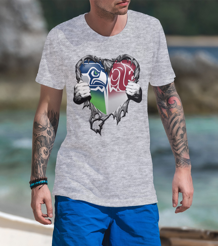 Seattle Seahawks And Washington State Cougars Split Heart T-Shirt