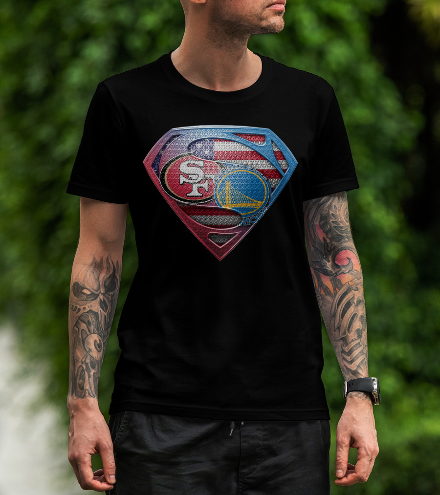 San Francisco 49ers And Golden State Warriors Super Shield American Flag T-Shirt