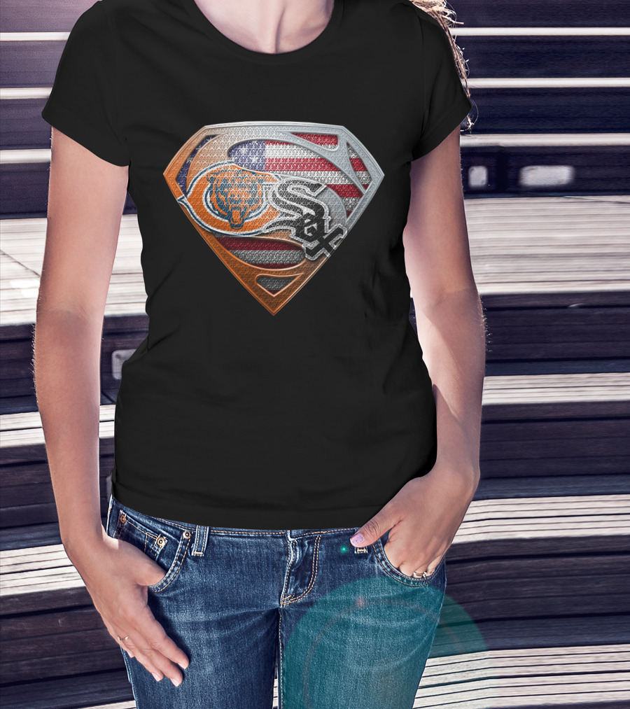 Chicago Bears White Sox American Flag Superman Shield T-Shirt