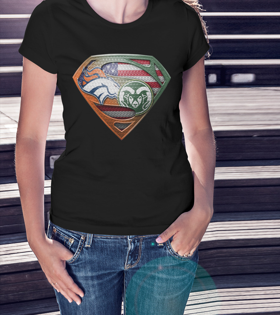 Denver Broncos And Colorado State Rams Superman Shield American Flag Montage T-Shirt