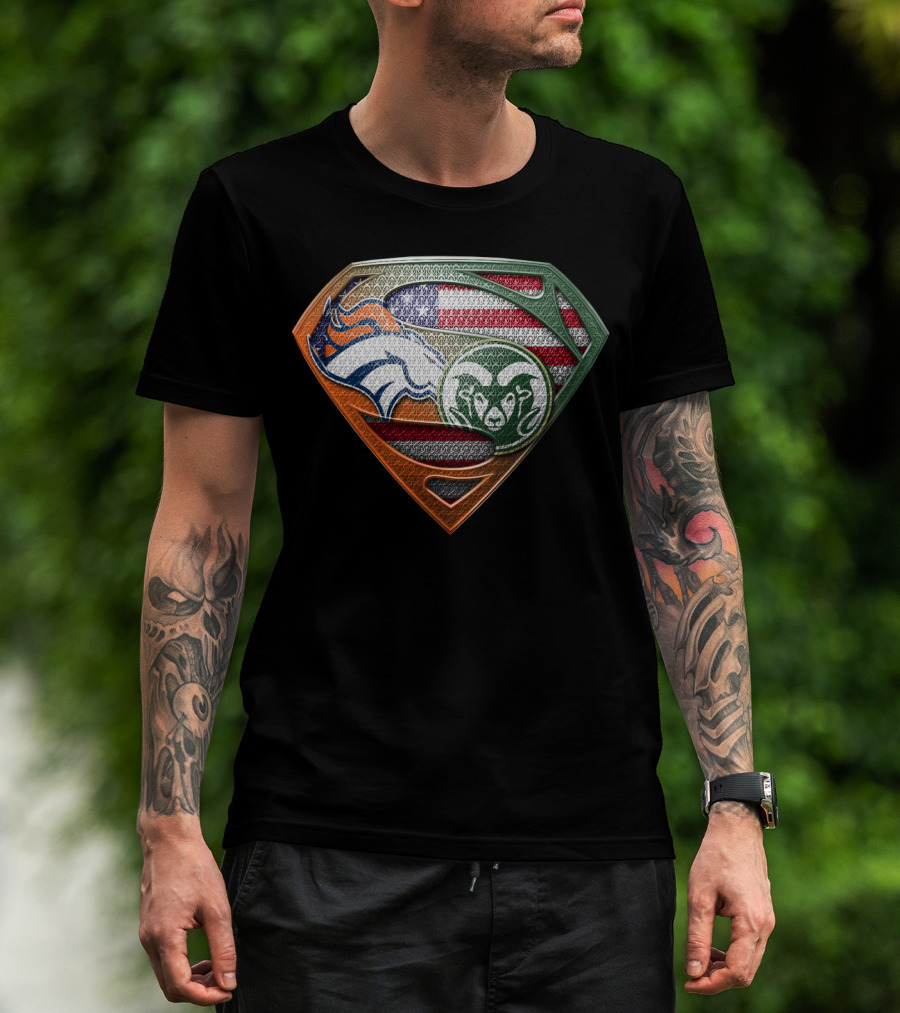 Denver Broncos And Colorado State Rams Superman Shield American Flag Montage T-Shirt