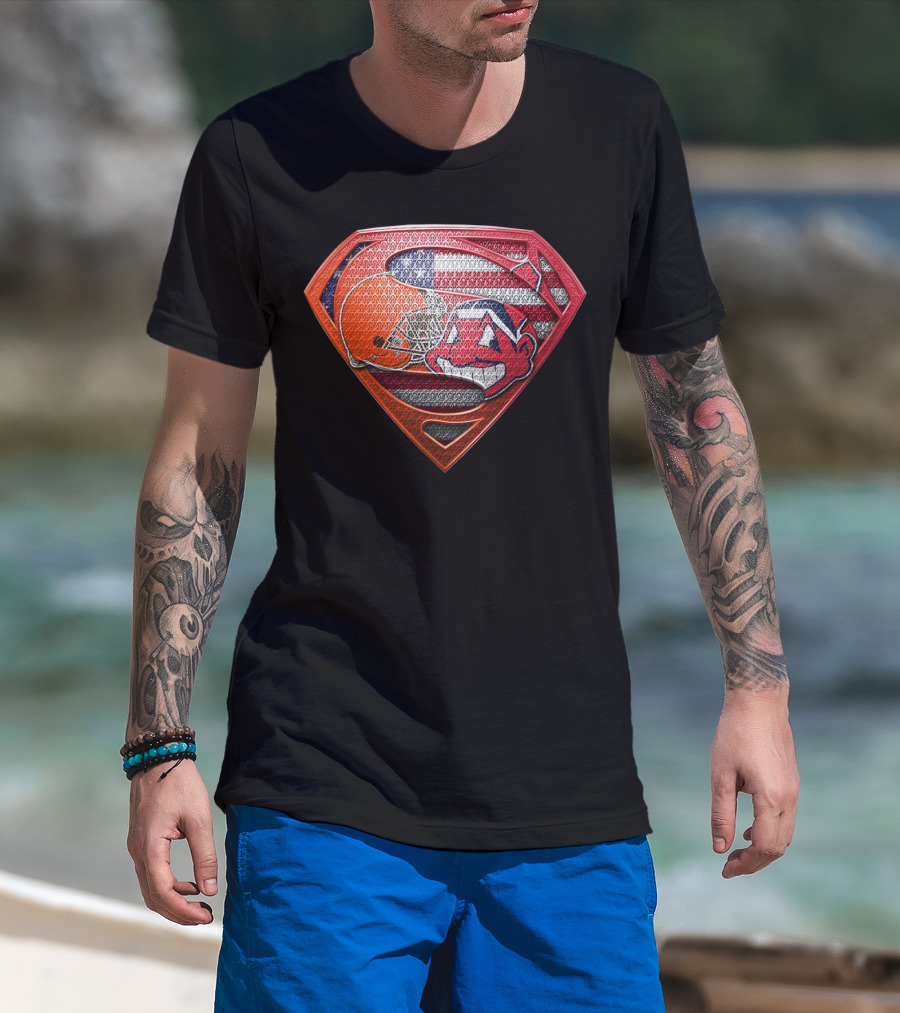 Cleveland Browns Superman Shield With Chief Wahoo And Usa Flag T-Shirt
