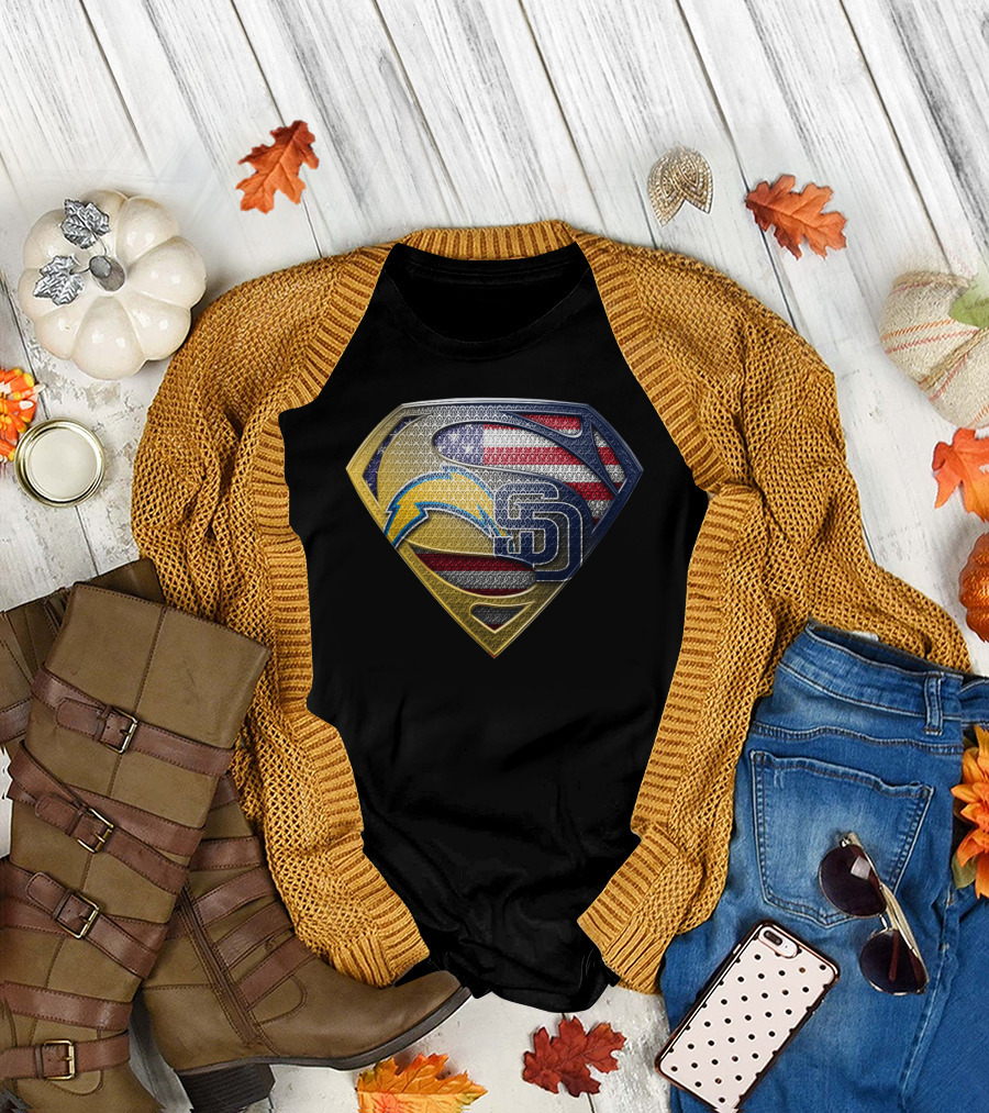 Superman Logo With San Diego Chargers And Padres Usa Flag Elements T-Shirt