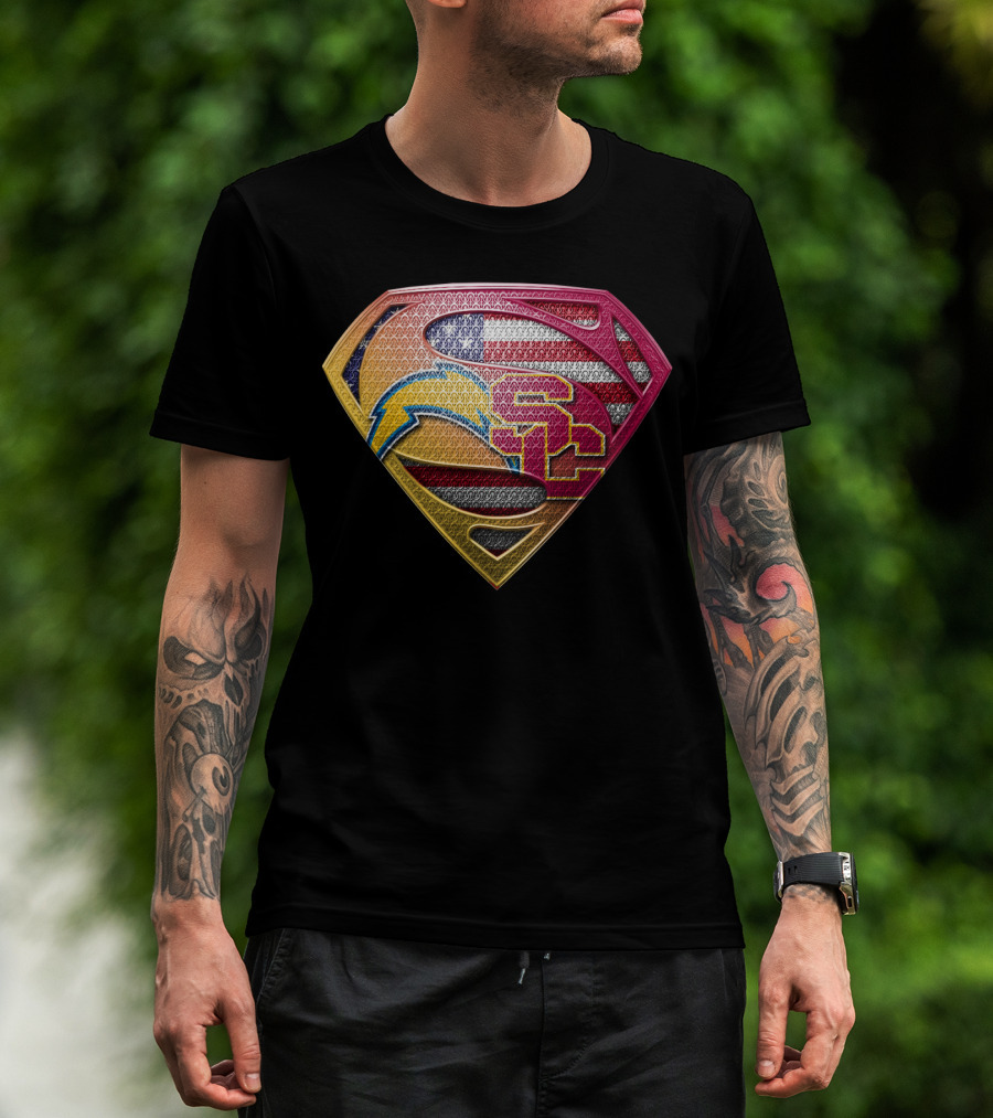 Us Flag Superman Logo Chargers Usc Football Team Colors T-Shirt