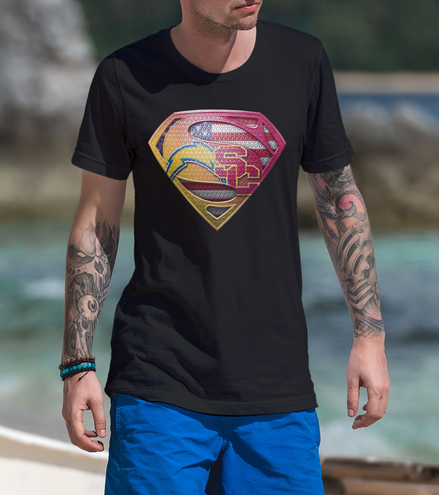 Us Flag Superman Logo Chargers Usc Football Team Colors T-Shirt