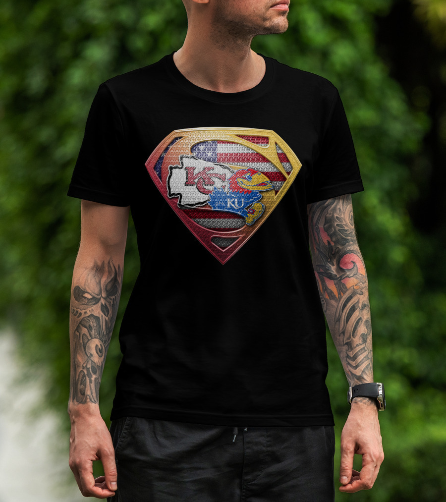 Superman Kansas City Chiefs Ku Jayhawks Usa Flag T-Shirt