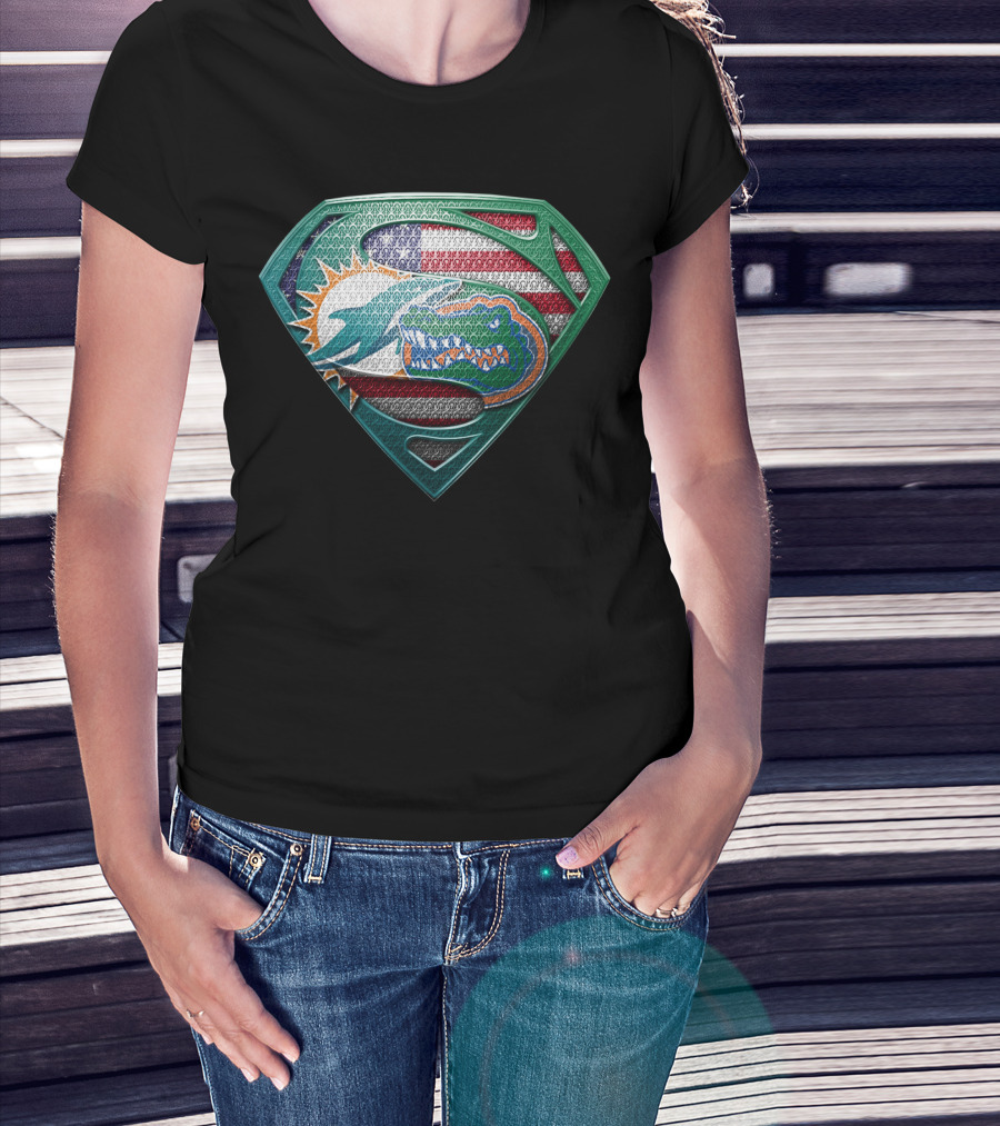 Miami Dolphins Florida Gators Superman Logo American Flag T-Shirt