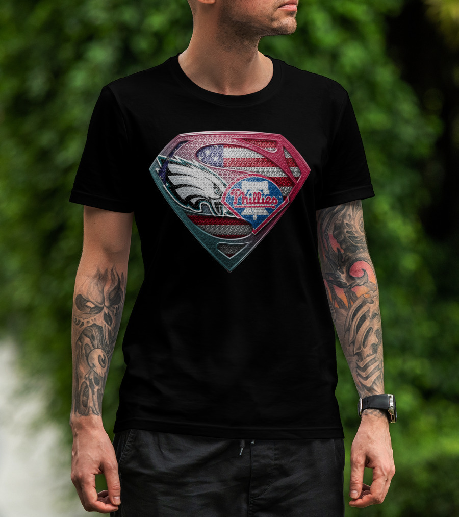 Eagles Phillies Superman Logo American Flag T-Shirt