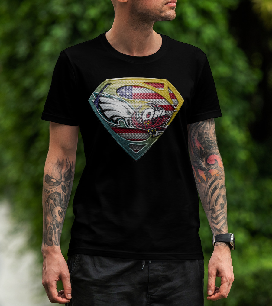 Philadelphia Eagles Temple Owls American Flag Superman Shield T-Shirt