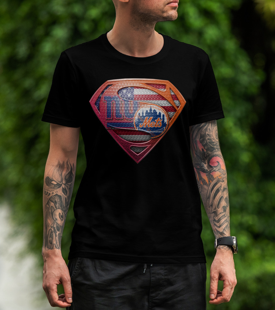 New York Giants Mets Superman Logo American Flag T-Shirt